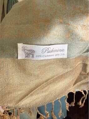 Vintage Pashmina Shawl Cashmere Silk | Gold & Sage Green Jacquard Wrap